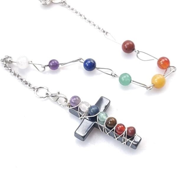 7 Chakras Crystal Beads Stone Wire Wrapped Cross Pendulum, Divination Pendulum Pendant for Dowsing Praying Reiki Healing with Energy Healing Beads Chain (Chakra Cross Pendulum)