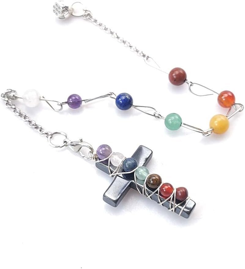 7 Chakras Crystal Beads Stone Wire Wrapped Cross Pendulum, Divination Pendulum Pendant for Dowsing Praying Reiki Healing with Energy Healing Beads Chain (Chakra Cross Pendulum)