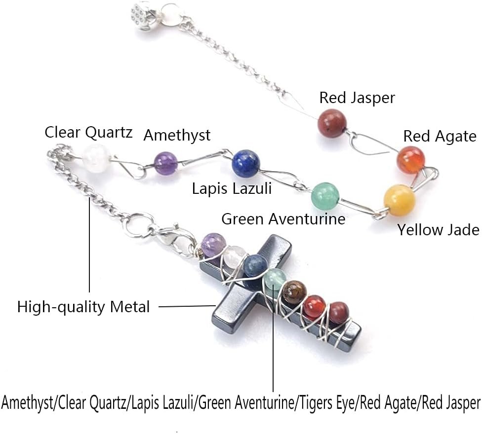 7 Chakras Crystal Beads Stone Wire Wrapped Cross Pendulum, Divination Pendulum Pendant for Dowsing Praying Reiki Healing with Energy Healing Beads Chain (Chakra Cross Pendulum) - Image 2