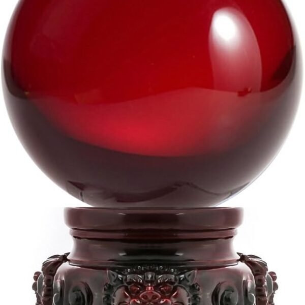 3 inch (80mm) Red Crystal Ball with Redwood Lion Resin Stand and Gift Box for Decorative Ball, Lensball Photography, Gazing Divination or Feng Shui, and Fortune Telling Ball