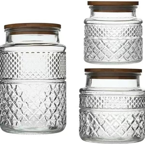 Glass Storage Jars Vintage Embossed Canisters Food Cereal Storage Containers with Bamboo Lid, Decorative Jars for Kitchen Counter,Pantry,Set 3-Piece Glass Jars in 60 oz/40 oz/20 oz (Round)