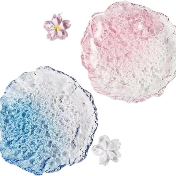 Crystal Glass Dessert Plates, Pink & Blue Clear Flower Snack Plate, 6 Inch Canape Plates for Appetizer, Ice Cream, Fruit, Salad Cake, Set of 2 Clear Glass Tableware, For Afternoon Tea, Wedding, Party