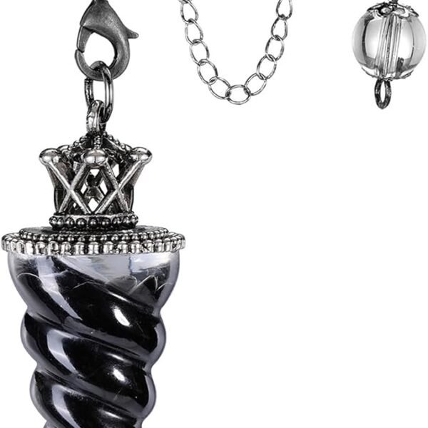 Natural Black Obsidian Crystal Pendulums for Divination Dowsing, Crown Sprial Cone Pointed Pendant Pendulum with Chain, Resin Chip Stones Healing Reiki Chakra Gemstone Pendulum
