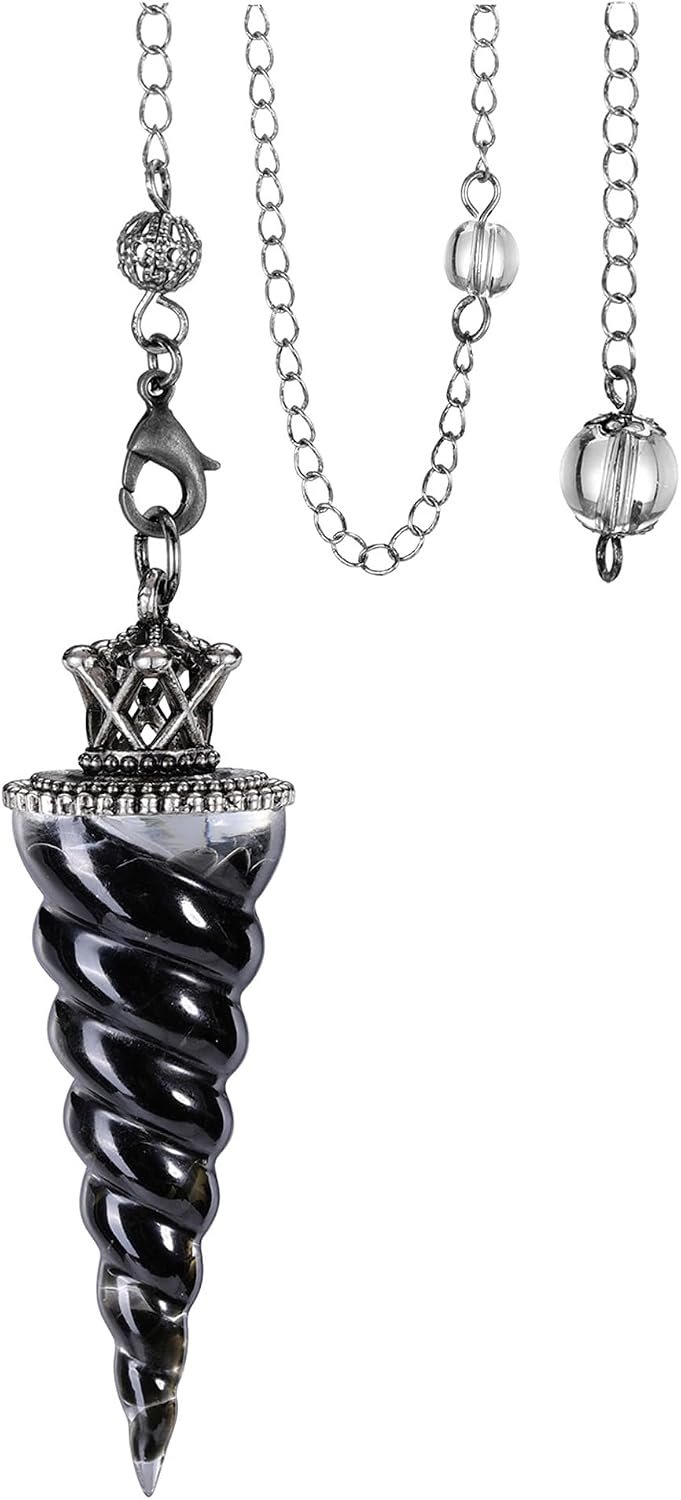 Natural Black Obsidian Crystal Pendulums for Divination Dowsing, Crown Sprial Cone Pointed Pendant Pendulum with Chain, Resin Chip Stones Healing Reiki Chakra Gemstone Pendulum