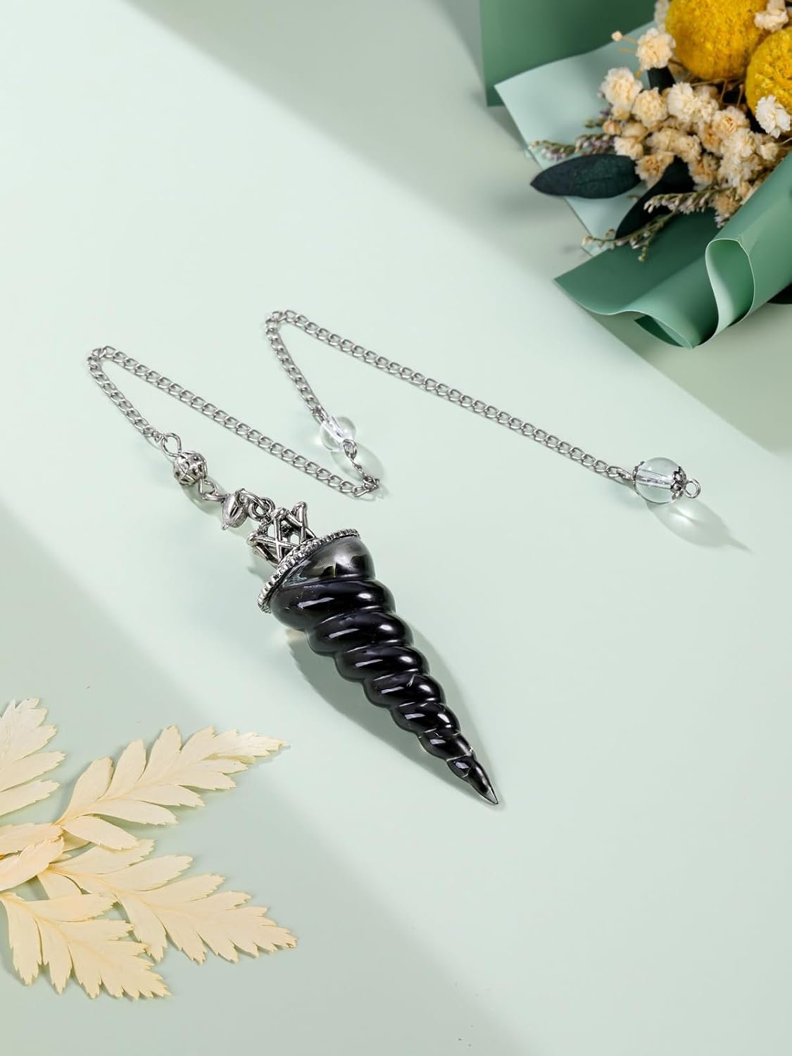 Natural Black Obsidian Crystal Pendulums for Divination Dowsing, Crown Sprial Cone Pointed Pendant Pendulum with Chain, Resin Chip Stones Healing Reiki Chakra Gemstone Pendulum - Image 2