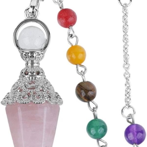 Natural Rose Quartz Crystal Pointed Pendulum with 7 Chakra Stone Beads Chain, 6 Facet Reiki Chakra Pendant for Divination Dowsing