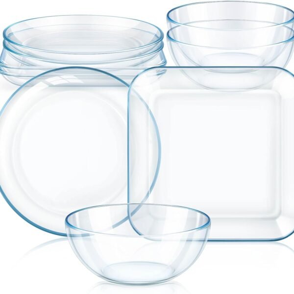 6 Pcs Clear Glass Dinnerware Set Glass Plates and Bowls with Blue Tint Round Square Tempered Glass Plates 10'' and Kitchen Serving Bowl 8'' for Dessert, Salad, Fruit,dishwasher and Microwave Safe
