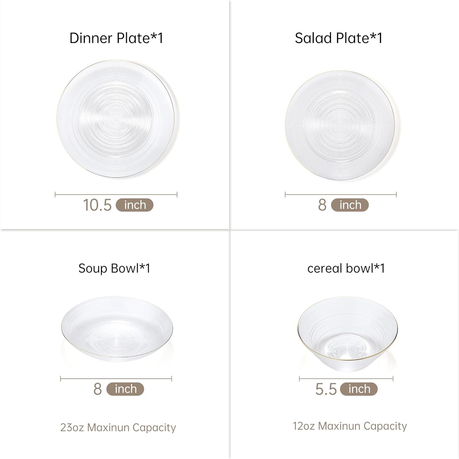 Hand Blown Clear Glass Plates and Bowls Set,4 Piece Glass Dinnerware Set Service for 1,Gold Rim Round Glass Dishware Set,Easy to store and clean,Series Waterline - Image 2