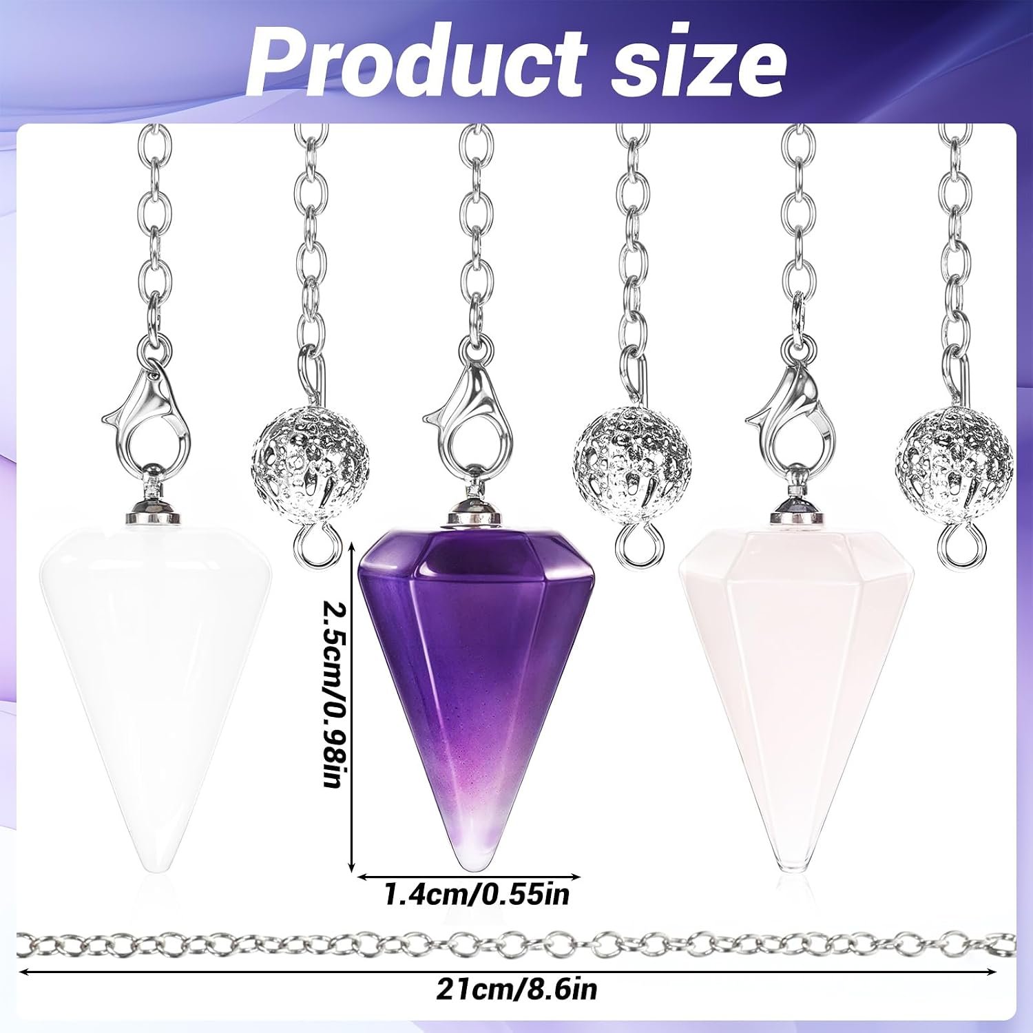 3 Pcs Crystal Pendulums Set for Divination Dowsing Amethyst Rose Quartz Clear Quartz 6 Faceted Hexagonal Pointed Cone Resin Spiritual Gemstone Pendant Witchcraft Accessories - Image 2