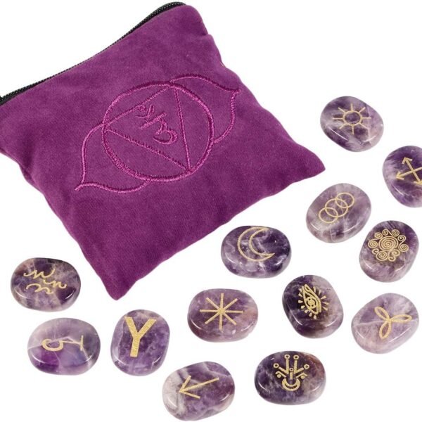 13 PCS Amethyst Witches Runes Engraved Gypsy Symbol, Healing Crystal Stone with Third Eye Chakra Bag for Reiki Meditation Divination