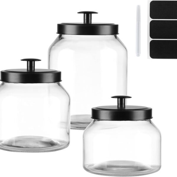Clear Glass Kitchen Canister Set, Cookie Jar, Food Storage Container, Bathroom Jar with Metal Airtight Lid (Black)
