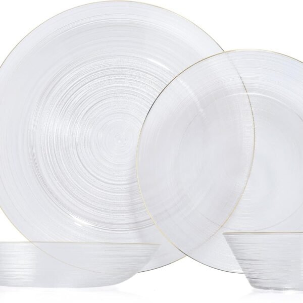 Hand Blown Clear Glass Plates and Bowls Set,4 Piece Glass Dinnerware Set Service for 1,Gold Rim Round Glass Dishware Set,Easy to store and clean,Series Waterline
