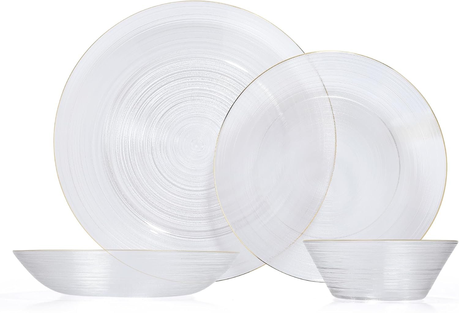 Hand Blown Clear Glass Plates and Bowls Set,4 Piece Glass Dinnerware Set Service for 1,Gold Rim Round Glass Dishware Set,Easy to store and clean,Series Waterline