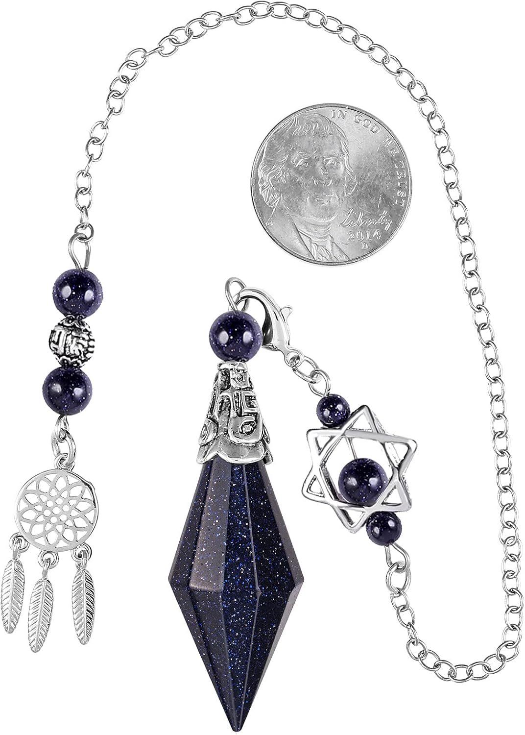 Reiki Healing Crystal Point Pendulum Dowsing Divination, Reiki Meditation Faceted Stone Pendant with Dream Catcher and Merkaba Star Chain, Blue Sand - Image 2