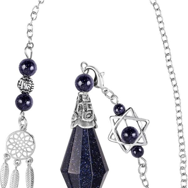 Reiki Healing Crystal Point Pendulum Dowsing Divination, Reiki Meditation Faceted Stone Pendant with Dream Catcher and Merkaba Star Chain, Blue Sand