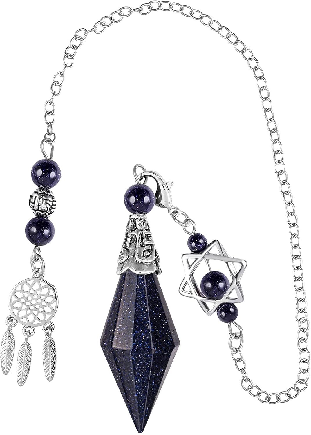 Reiki Healing Crystal Point Pendulum Dowsing Divination, Reiki Meditation Faceted Stone Pendant with Dream Catcher and Merkaba Star Chain, Blue Sand