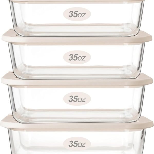 4-Piece glass food storage container set with lids (glass lids included)—microwave safe, airtight and leak-proof, white, 100% plastic-free