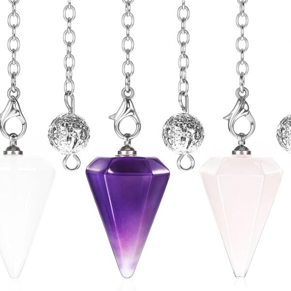 3 Pcs Crystal Pendulums Set for Divination Dowsing Amethyst Rose Quartz Clear Quartz 6 Faceted Hexagonal Pointed Cone Resin Spiritual Gemstone Pendant Witchcraft Accessories