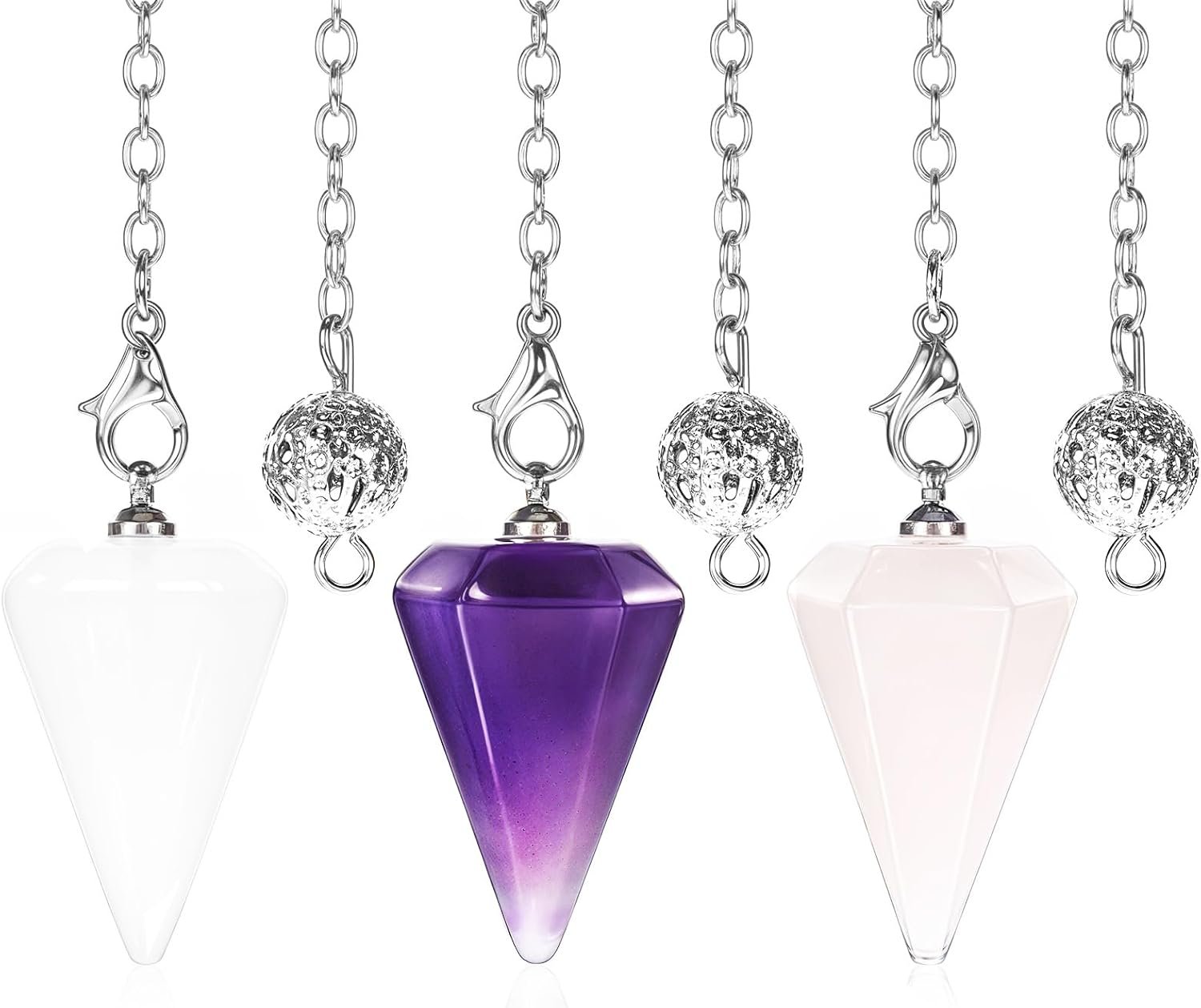 3 Pcs Crystal Pendulums Set for Divination Dowsing Amethyst Rose Quartz Clear Quartz 6 Faceted Hexagonal Pointed Cone Resin Spiritual Gemstone Pendant Witchcraft Accessories
