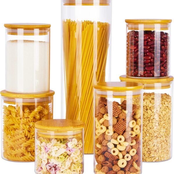 Glass Food Storage Jars, 7 Pack Food Containers with Airtight Bamboo Wooden Lids for Pasta, Cookies, Nuts, Coffee Beans, Cereal, Glass Canisters for Kitchen, Pantry Organization, BPA Free