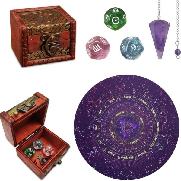 6Pcs Pendulum Board for Divination - Pendulum Crystal for Dowsing, Tarot Dice Astrology Dice with Box,  Supplies and Tools, Tarot Divination for Beginners