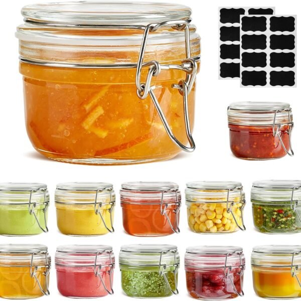 4oz Small Airtight Glass Jars Set of 12 with Lids Food Storage Jar Round, Mason Jar, Mini Storage Container with Clear Preserving Seal Wire Clip Fastening for Kitchen Canning, Jam, Spice, Honey