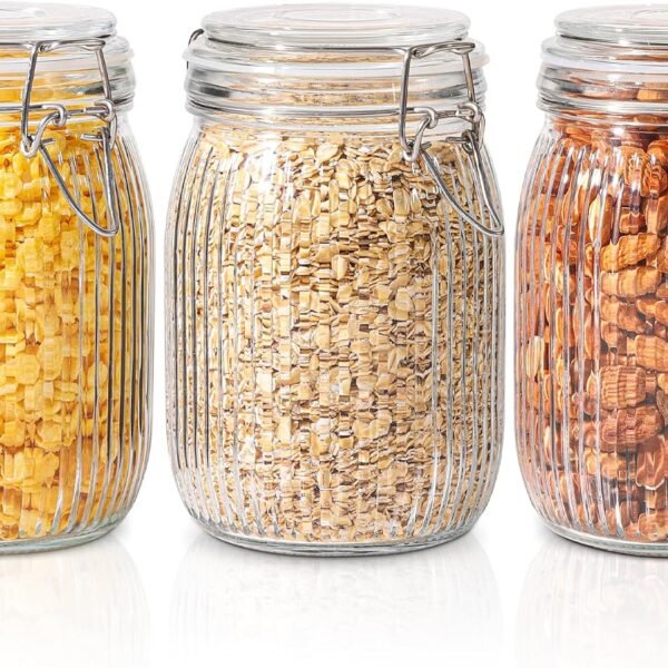 Airtight Glass jar with lid 37oz Set of 3, Glass Storage Containers with Lids, Glass Canisters, Striped Clip Fastening Jar for Kitchen Canning, Tea, Pasta, Sugar, Beans, Cookie, Jam, Oat