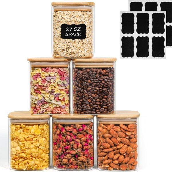 27 oz Glass Food Storage Jars Set of 6, Clear Storage Containers with Airtight Lids, Pantry Organization Jar, Spice Jar, Blooming Tea, Oat, Coffee and Sugar Container, Canister Set for Kitchen