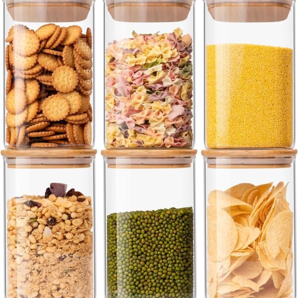 Glass Food Storage Jars 37 oz Set of 6,Glass Storage Containers Clear Glass Food Canister with Bamboo Lid Airtight For Serving Tea, Coffee, Flour, Sugar, Candy, Cookie, Spice and More (Square)