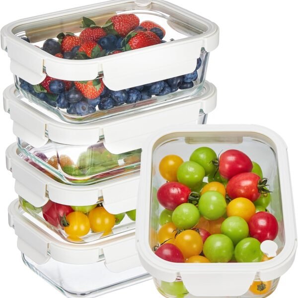 5-Piece glass food storage container set—includes glass lids with steam vents