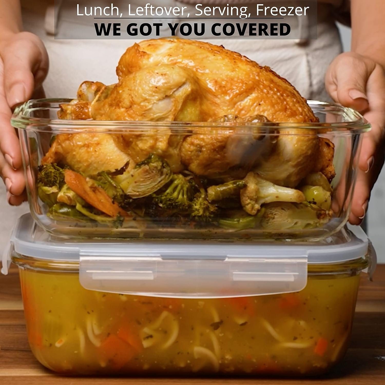 4-Piece large-capacity (8-cup/63 oz.) glass food storage/baking container set—2 containers + 2 locking lids; leak-proof; suitable for storing food, vegetables, or fruit; microwave and oven safe - Image 2