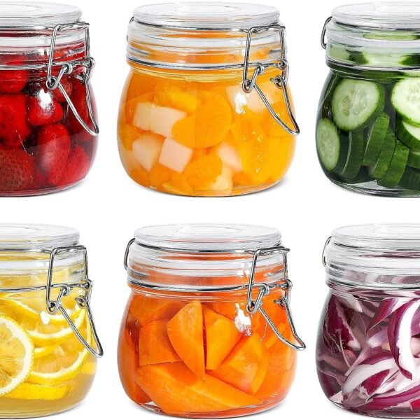 Airtight Glass Canister Set of 6 with Lids 17oz Food Storage Jar Round - Storage Container with Clear Preserving Seal Wire Clip Fastening for Kitchen Canning Cereal,Pasta,Sugar,Beans,Spice